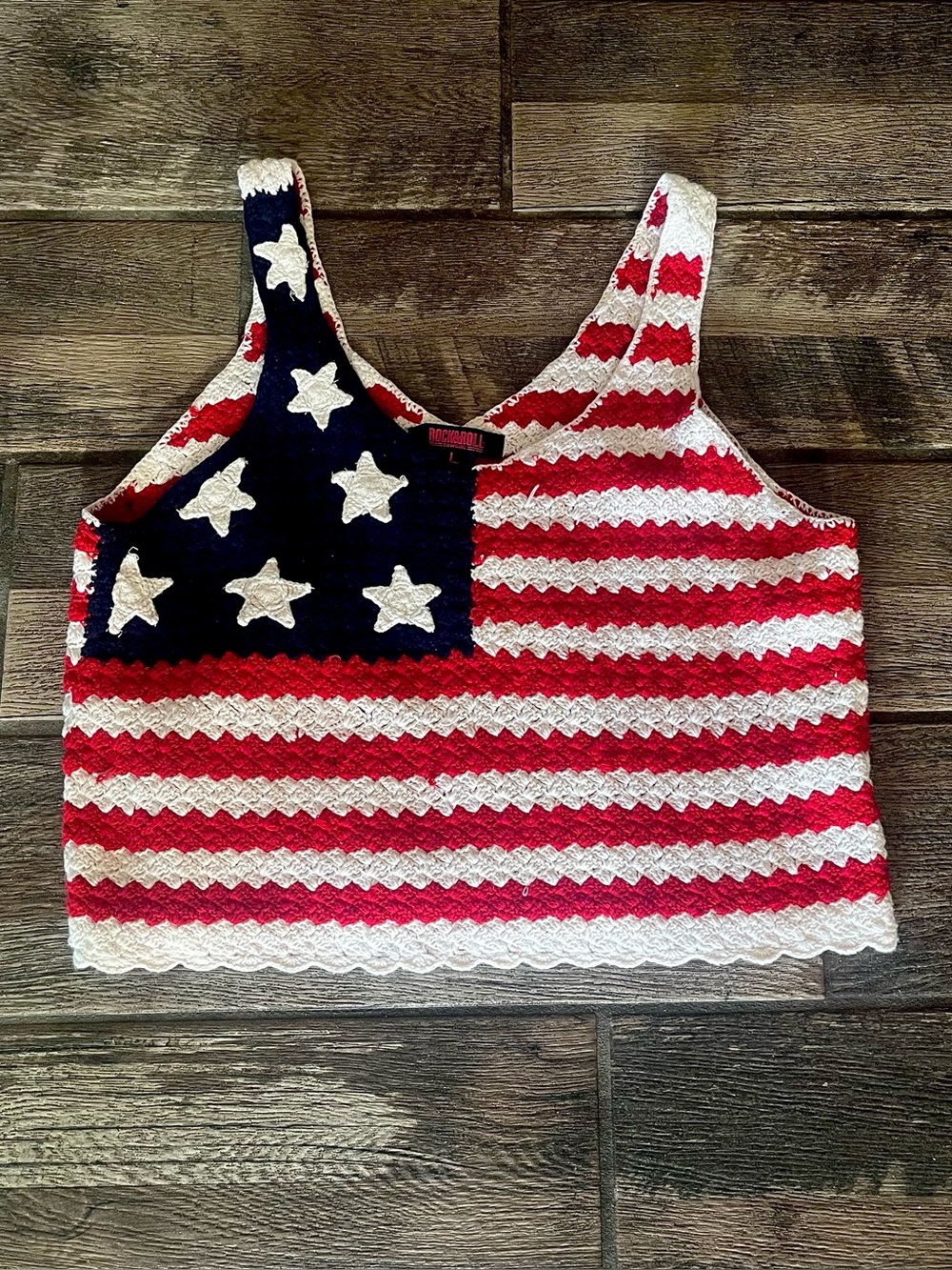 Rock & Roll Cowgirl USA flag cropped sweater tank top L
